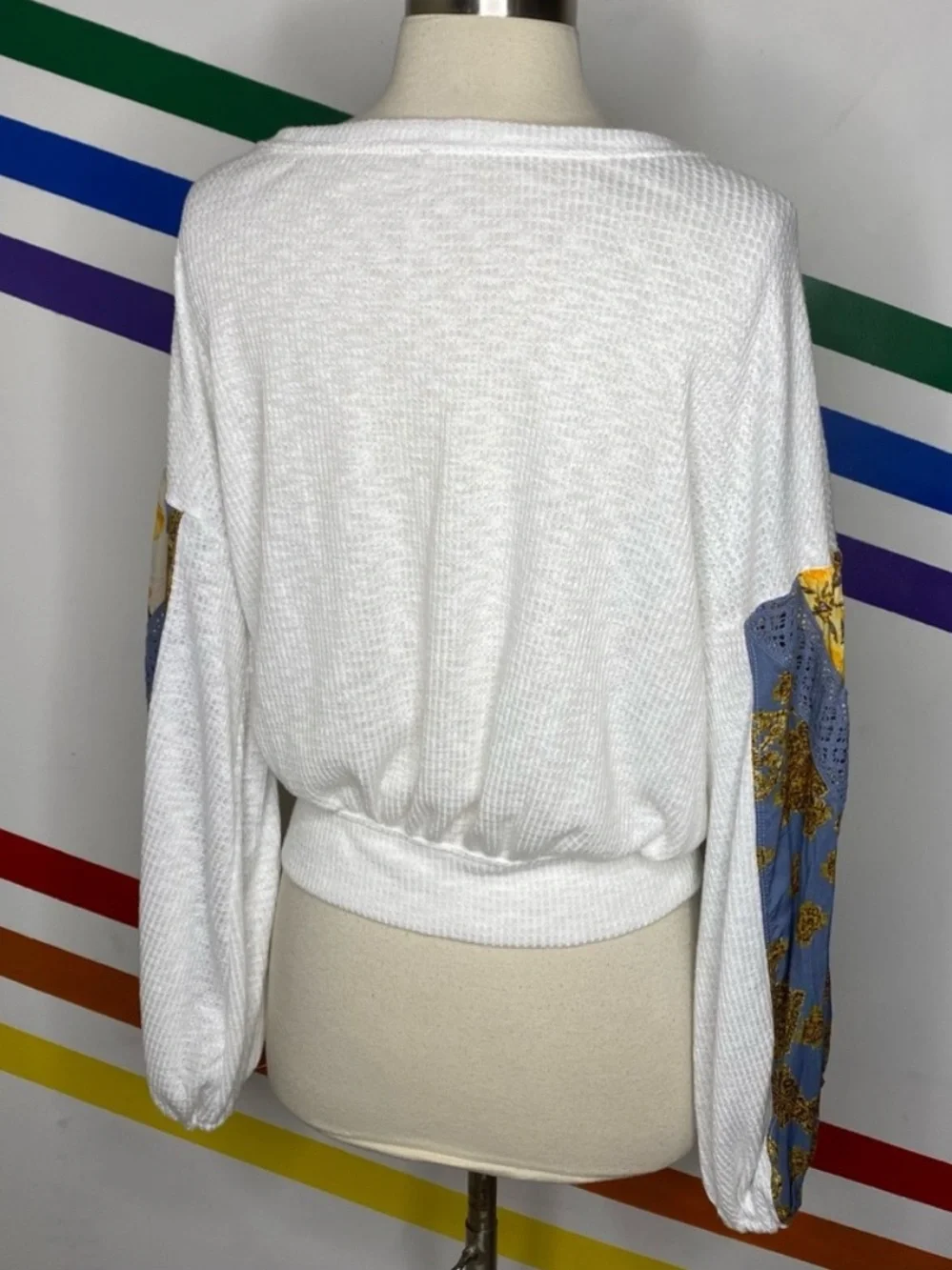 NEW Free People Casual Clash Thermal Ivory Blue Floral Balloon Sleeve Top XS
